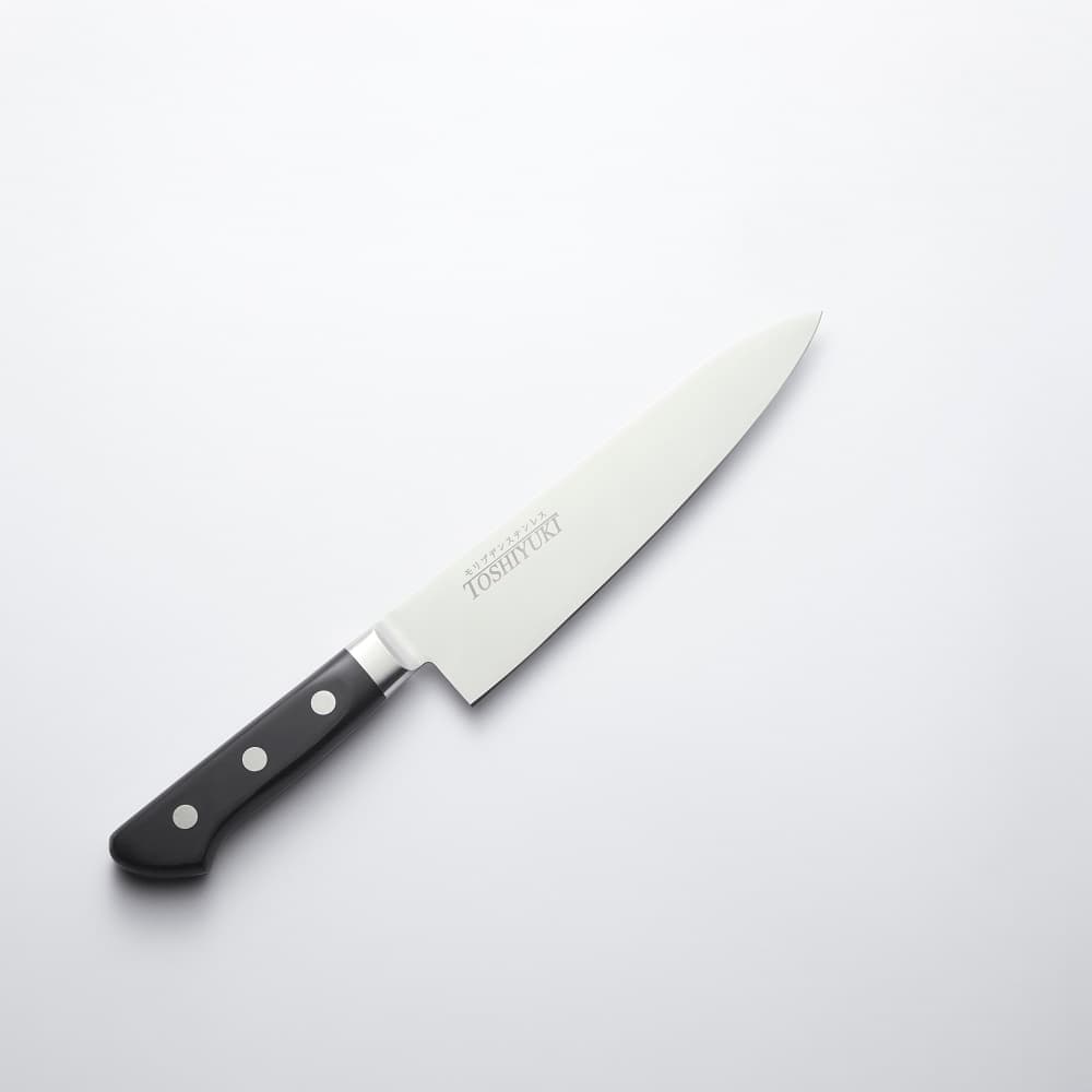 Monsaburo Molybdenum Santoku Knife with Tsuba and Blue Ply Handle (180mm)