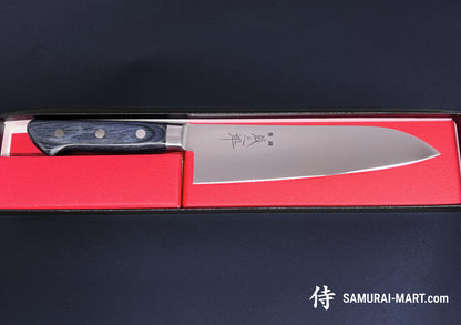 Monsaburo Molybdenum Santoku Knife with Tsuba and Blue Ply Handle (180mm)
